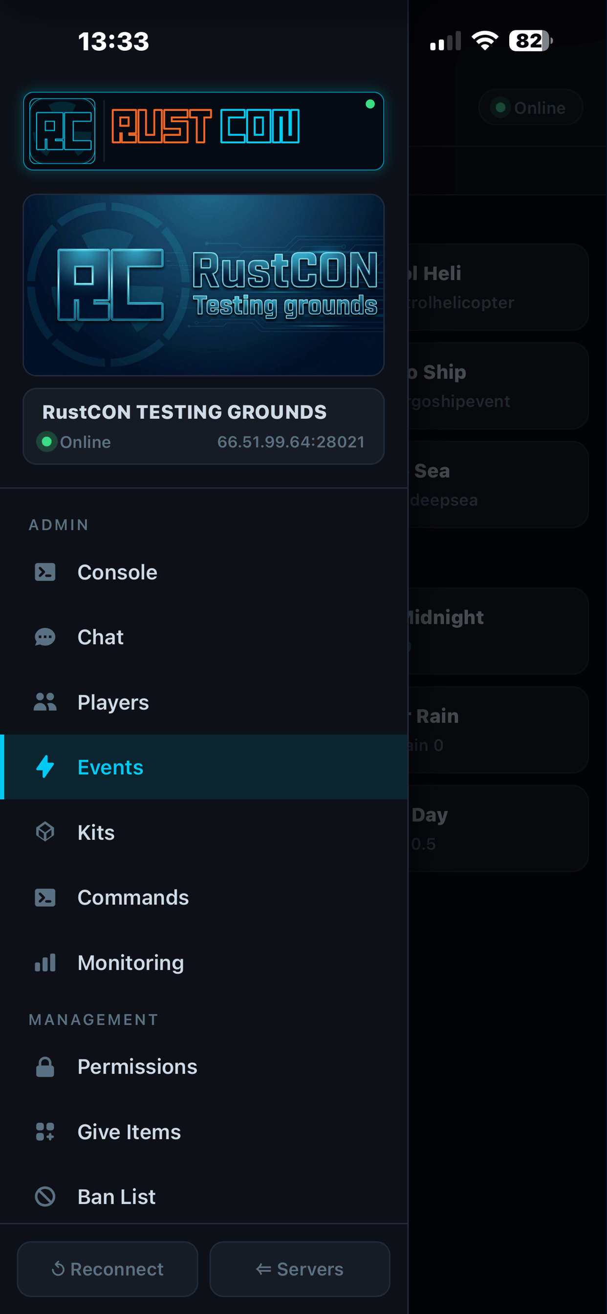 RustCON app showing the server admin menu on iPhone