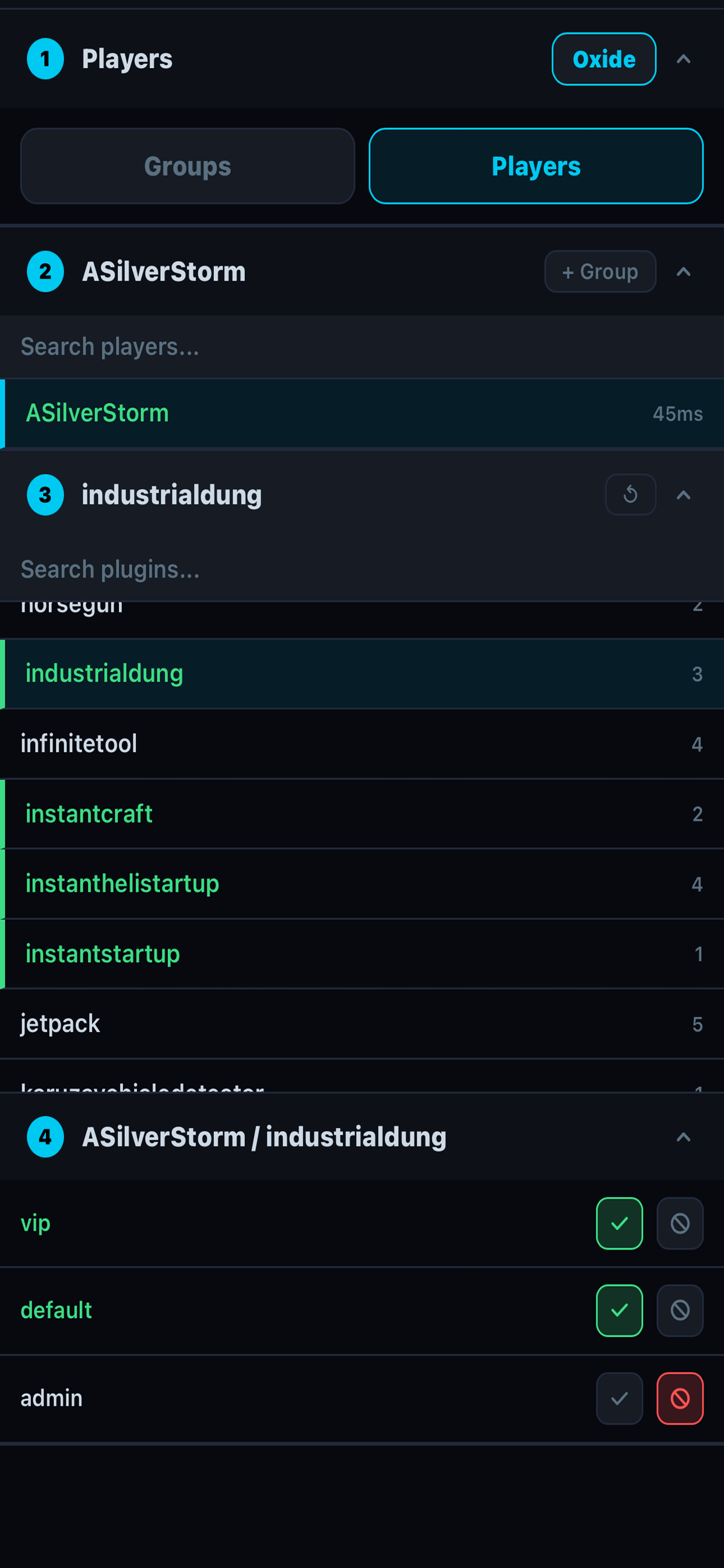 RustCON Oxide permissions manager showing groups, plugin search and grant or revoke toggles