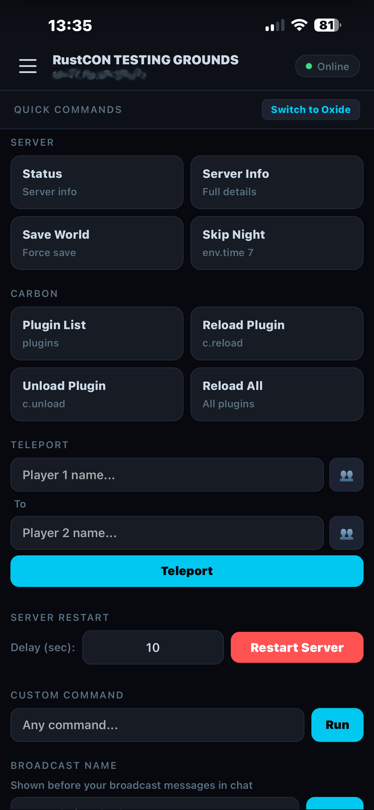 RustCON commands panel with quick actions, plugin reload, teleport, restart and a custom command input