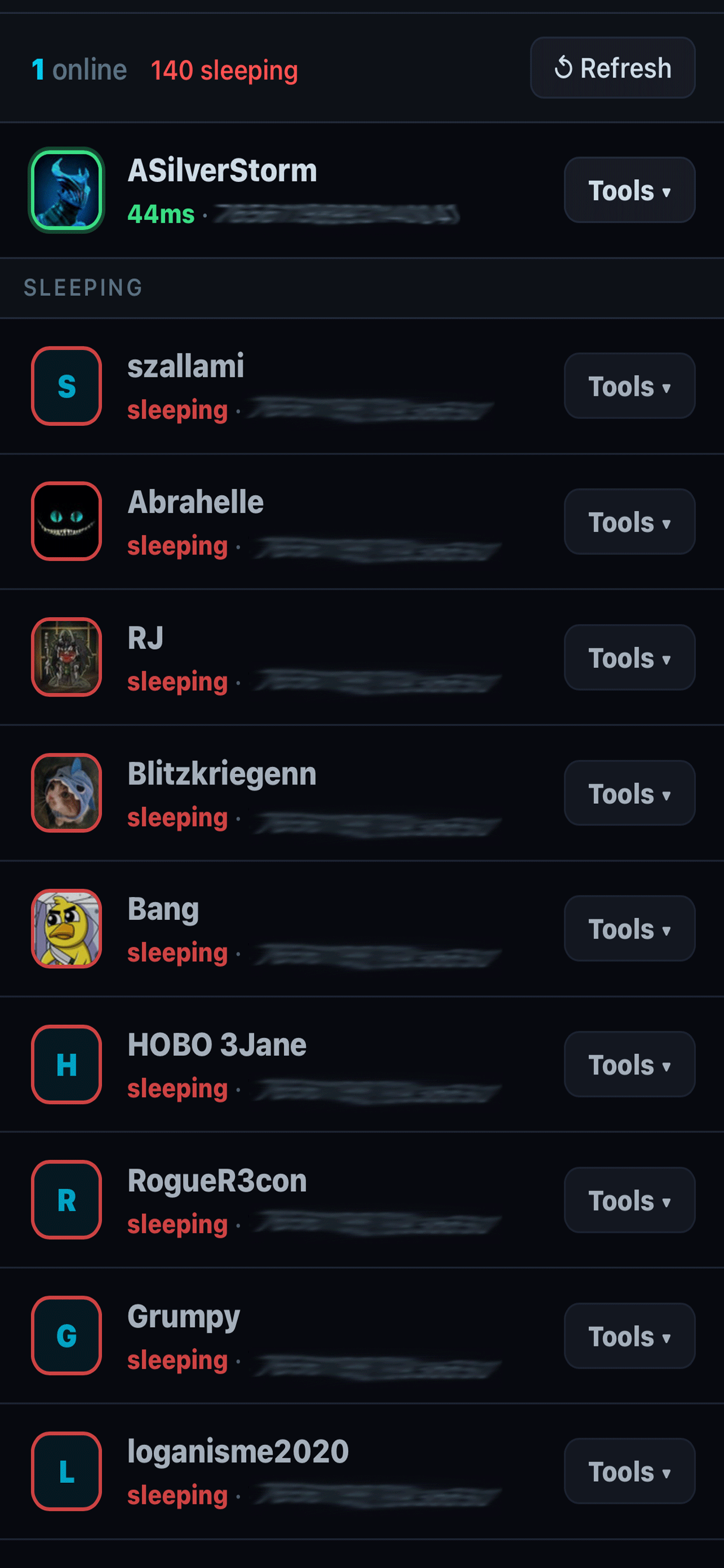 RustCON player list with online and sleeping players, Steam avatars and Tools menu